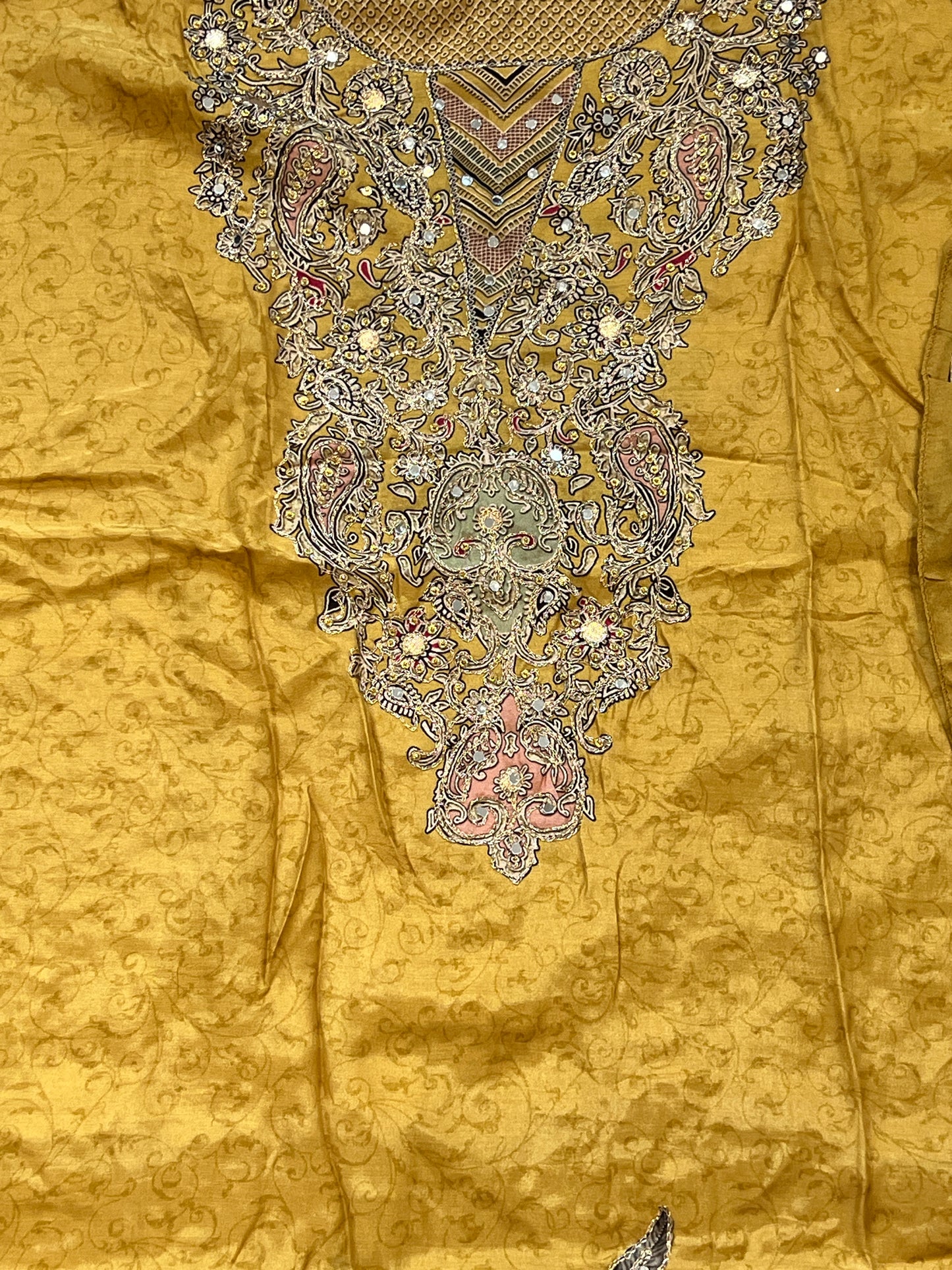 MUSTERED MUSLIN HAND WORK EMBROIDERY SUIT 150