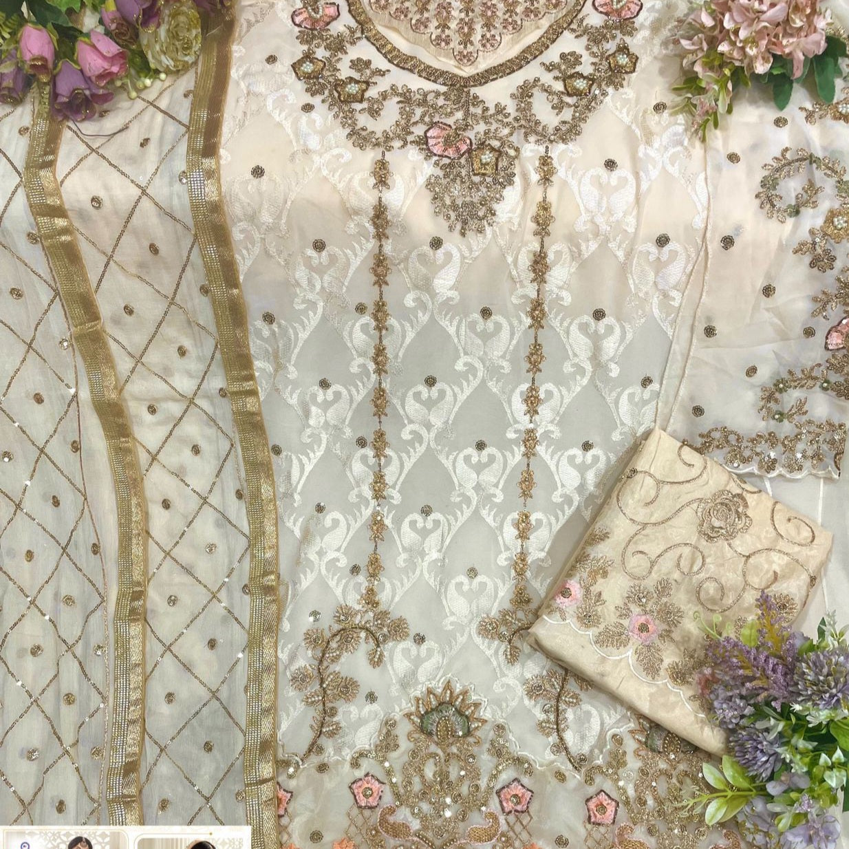 OFF WHITE AND GOLD GEORGETTE SUIT S 111 Q