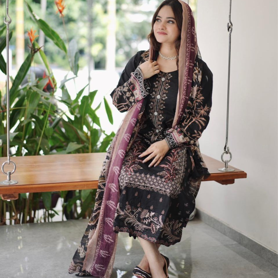 HARSHA BLACK COTTON PATCH SUIT 3374
