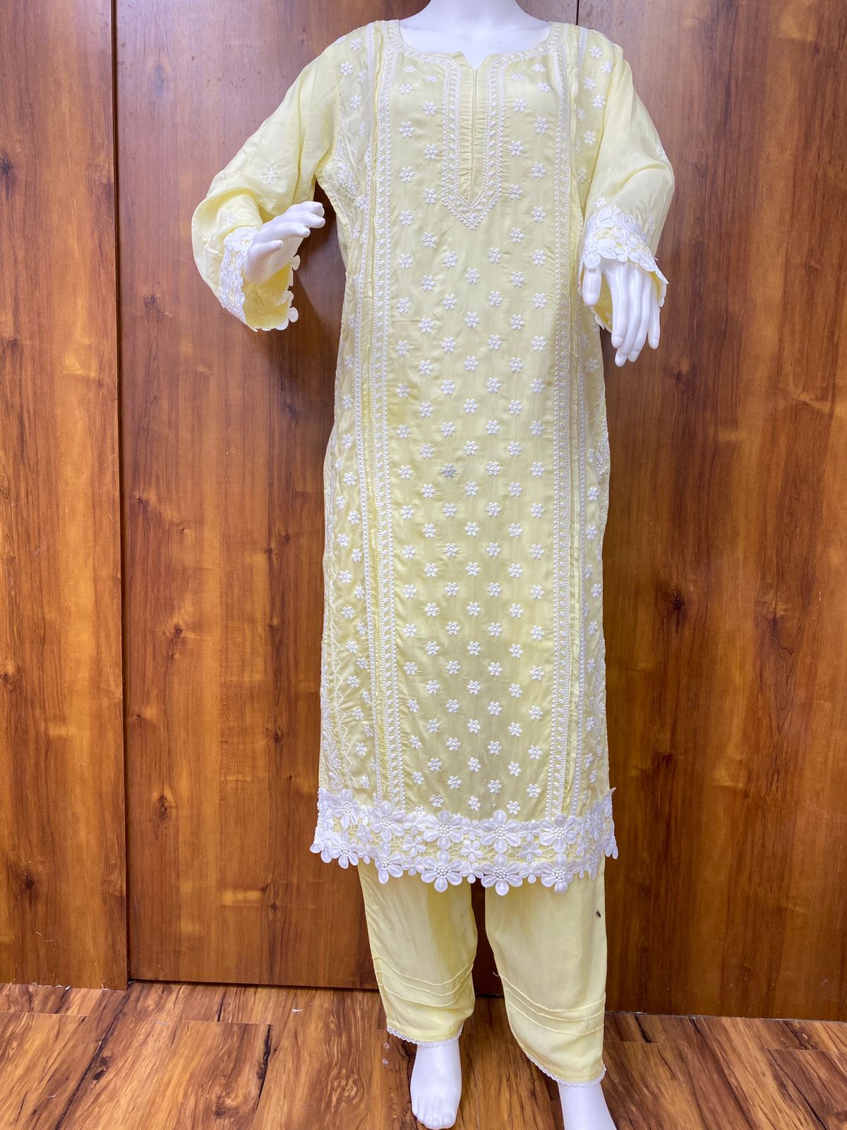 YELLOW LACE MUSLIN READYMADE SUIT