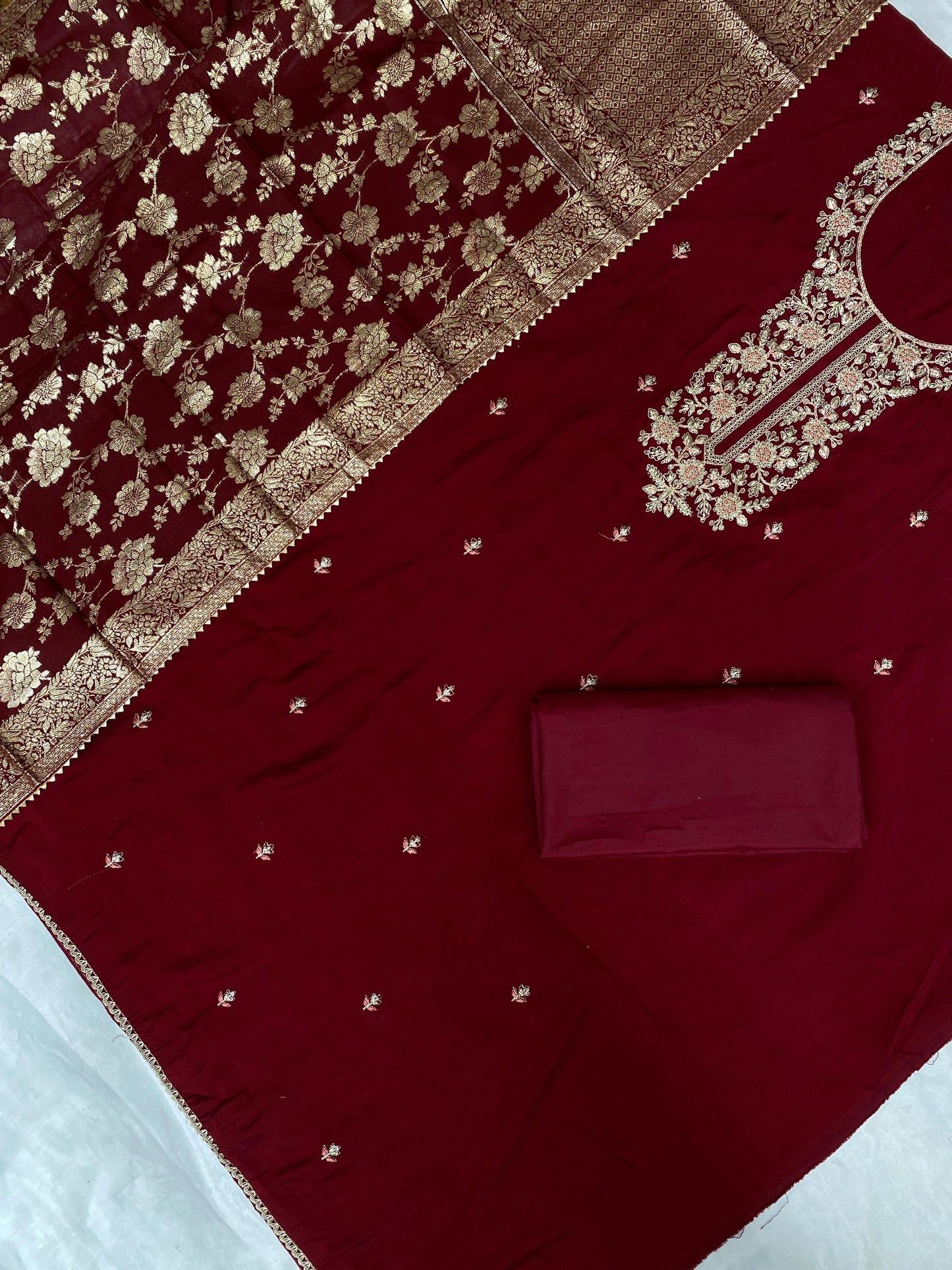 MAROON ROMAN SILK EMBROIDERY SUIT Q