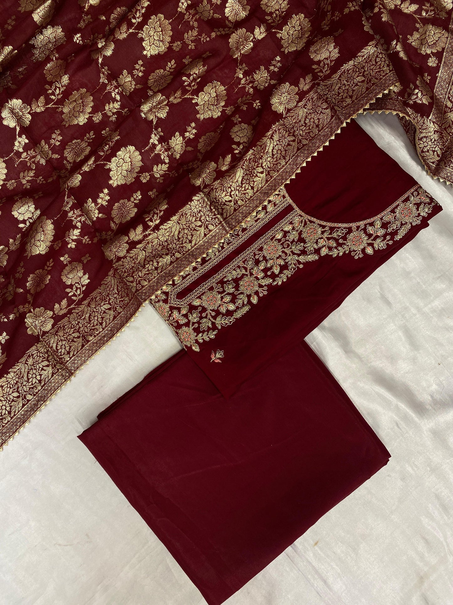 MAROON ROMAN SILK EMBROIDERY SUIT