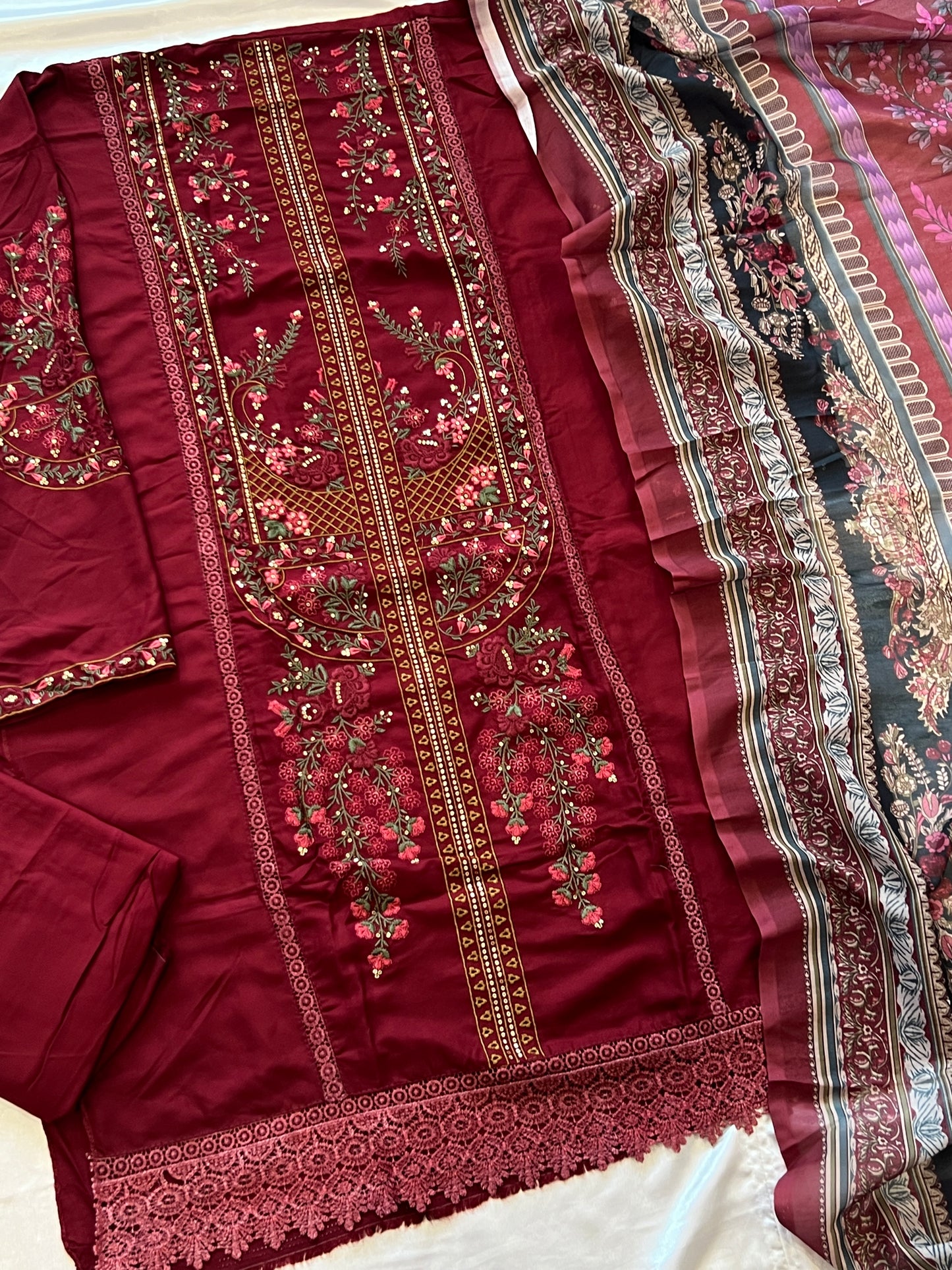 MARIA B MAROON RAYON EMBROIDERY SUIT Q