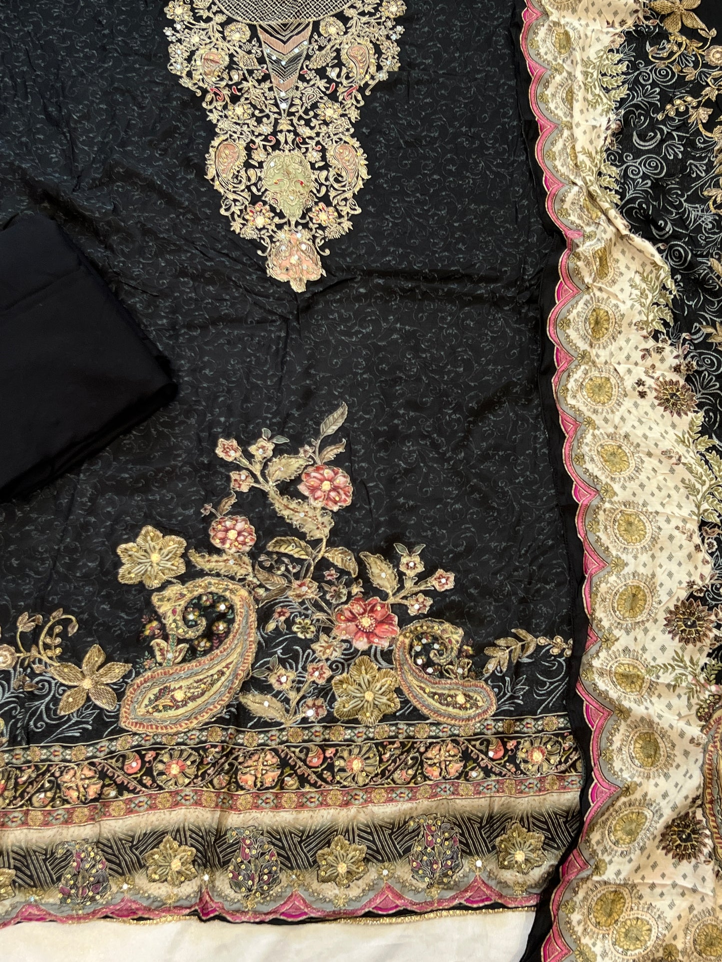 BLACK MUSLIN HAND WORK EMBROIDERY SUIT 150