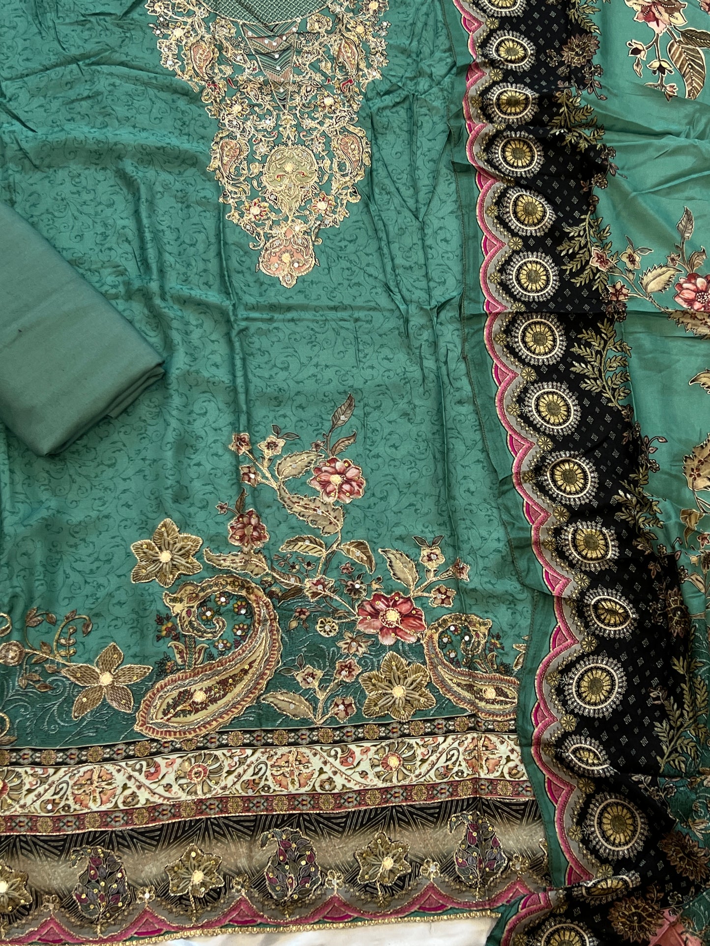 SEA GREEN MUSLIN HAND WORK EMBROIDERY SUIT 150