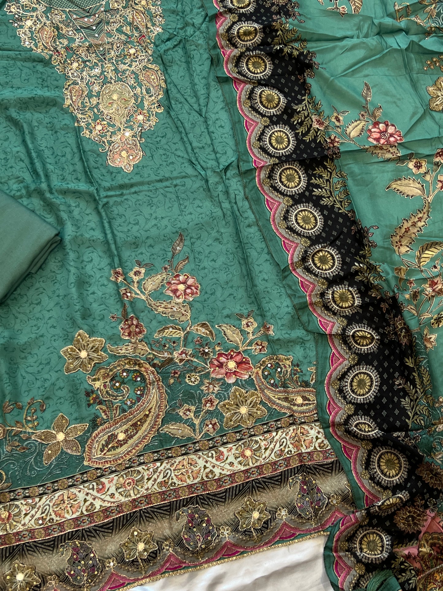 SEA GREEN MUSLIN HAND WORK EMBROIDERY SUIT 150
