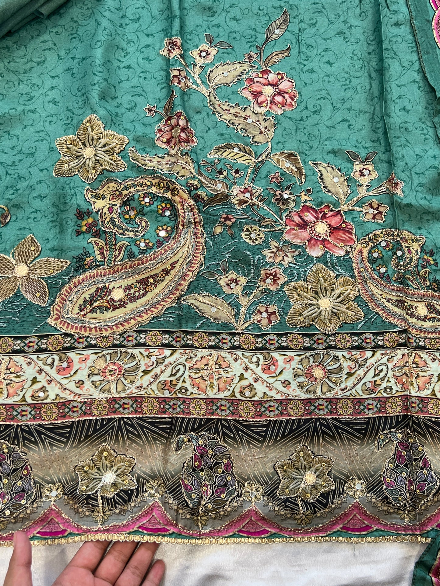 SEA GREEN MUSLIN HAND WORK EMBROIDERY SUIT 150