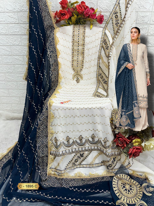 OFF WHITE AND BLUE GEORGETTE EMBROIDERY SUIT 1895