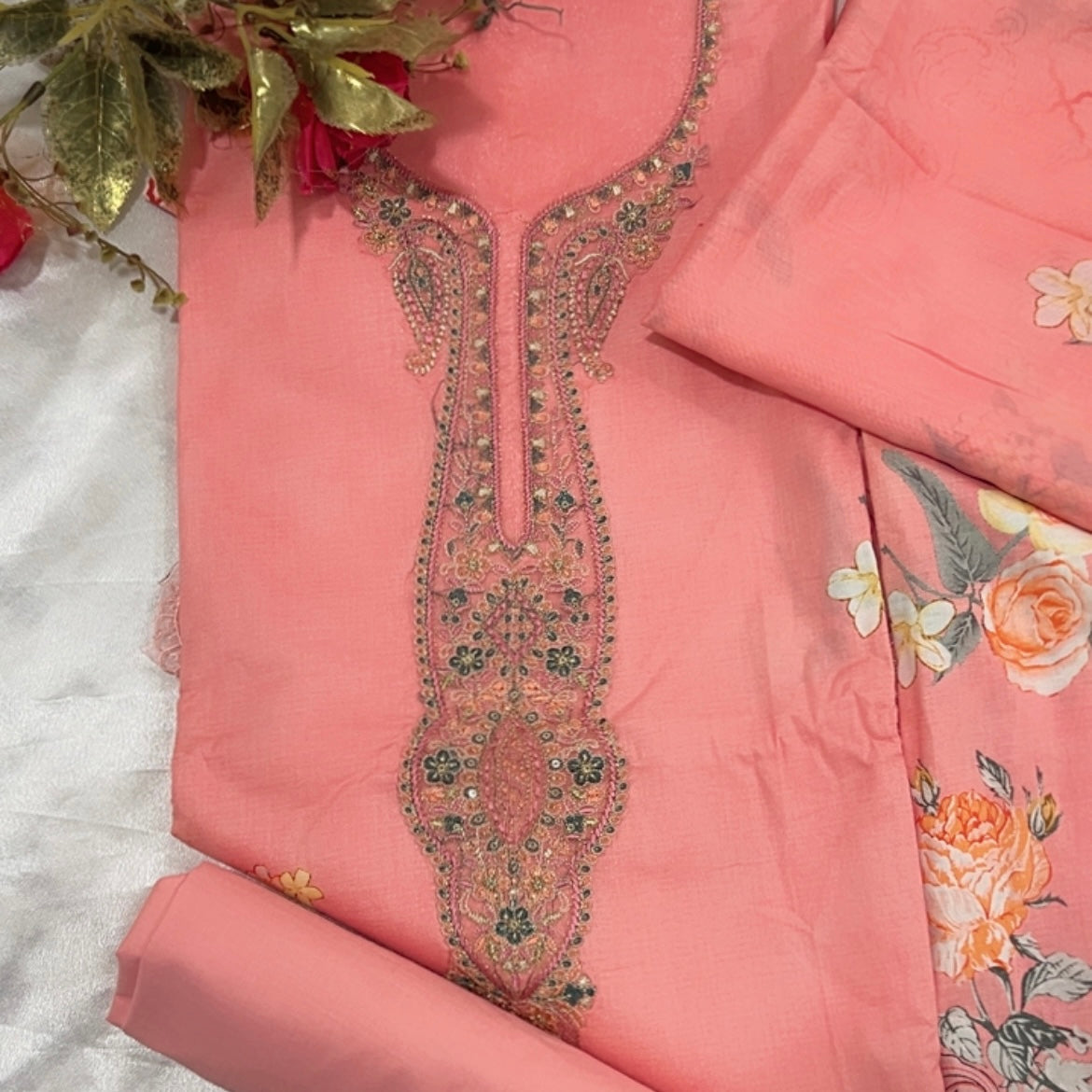 PEACH AAYKA COTTON EMBROIDERY SUIT