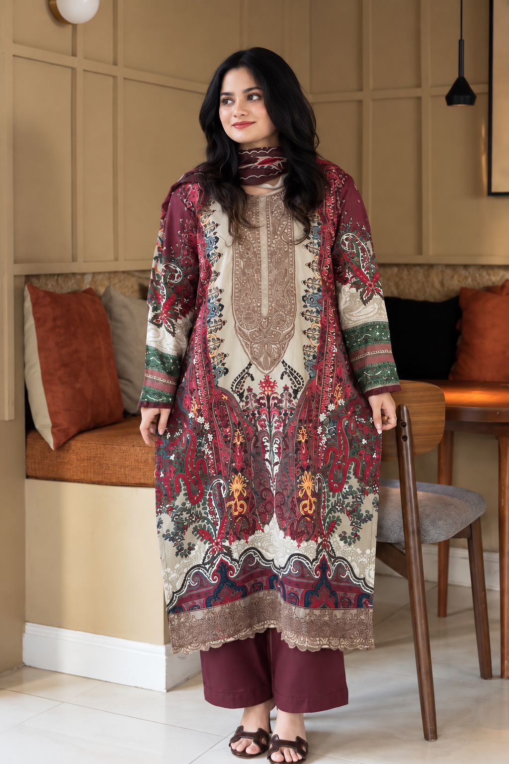 COFFEE COTTON PATCH READYMADE SUIT