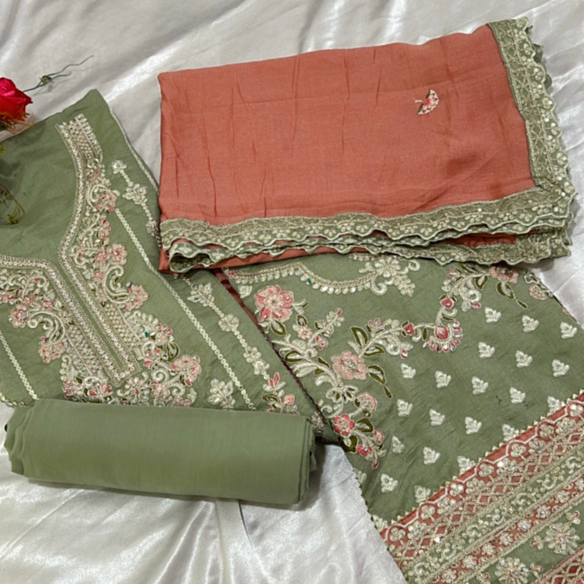 RAMSHA GREEN SILK EMBROIDRED SUIT