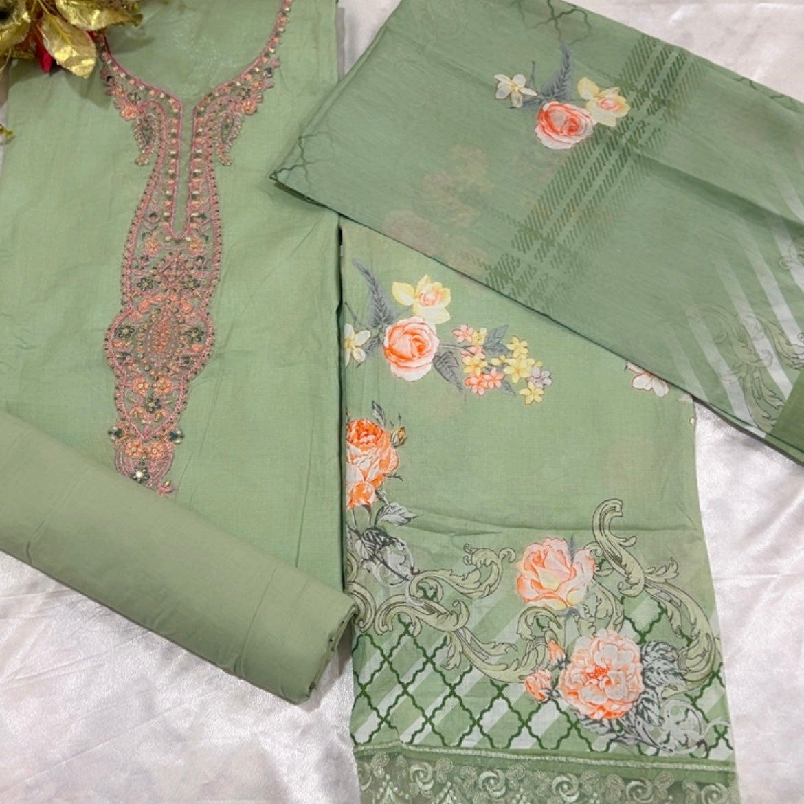 GREEN AAYKA COTTON EMBROIDERY SUIT