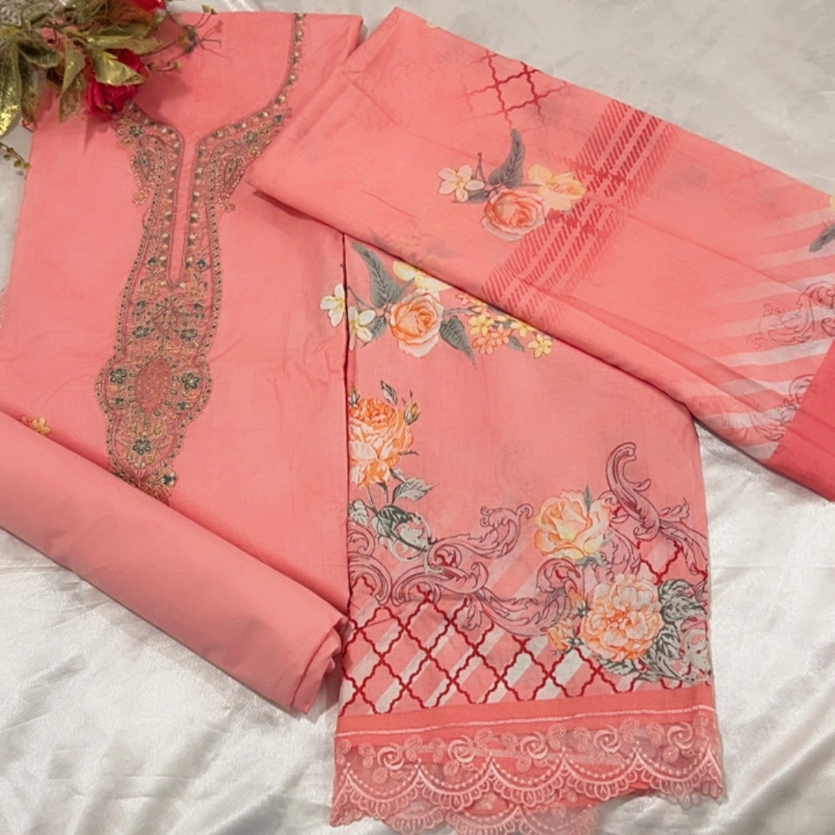 PEACH AAYKA COTTON EMBROIDERY SUIT