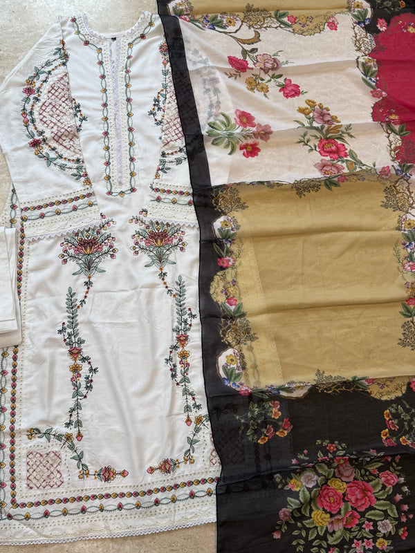 WHITE JUGNU LAWN EMBROIDERY SUIT