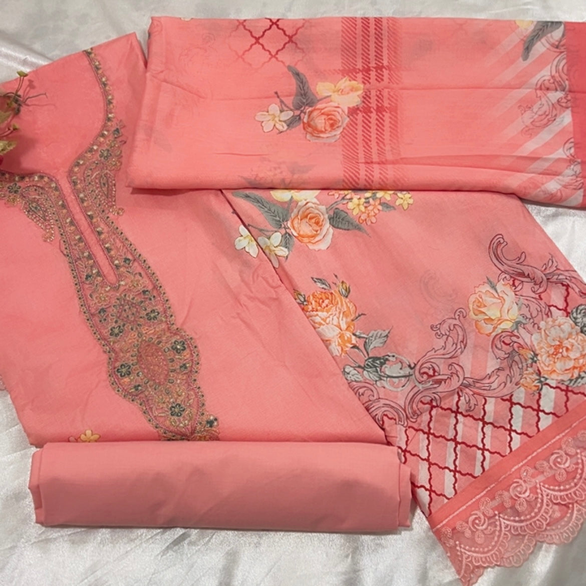 PEACH AAYKA COTTON EMBROIDERY SUIT