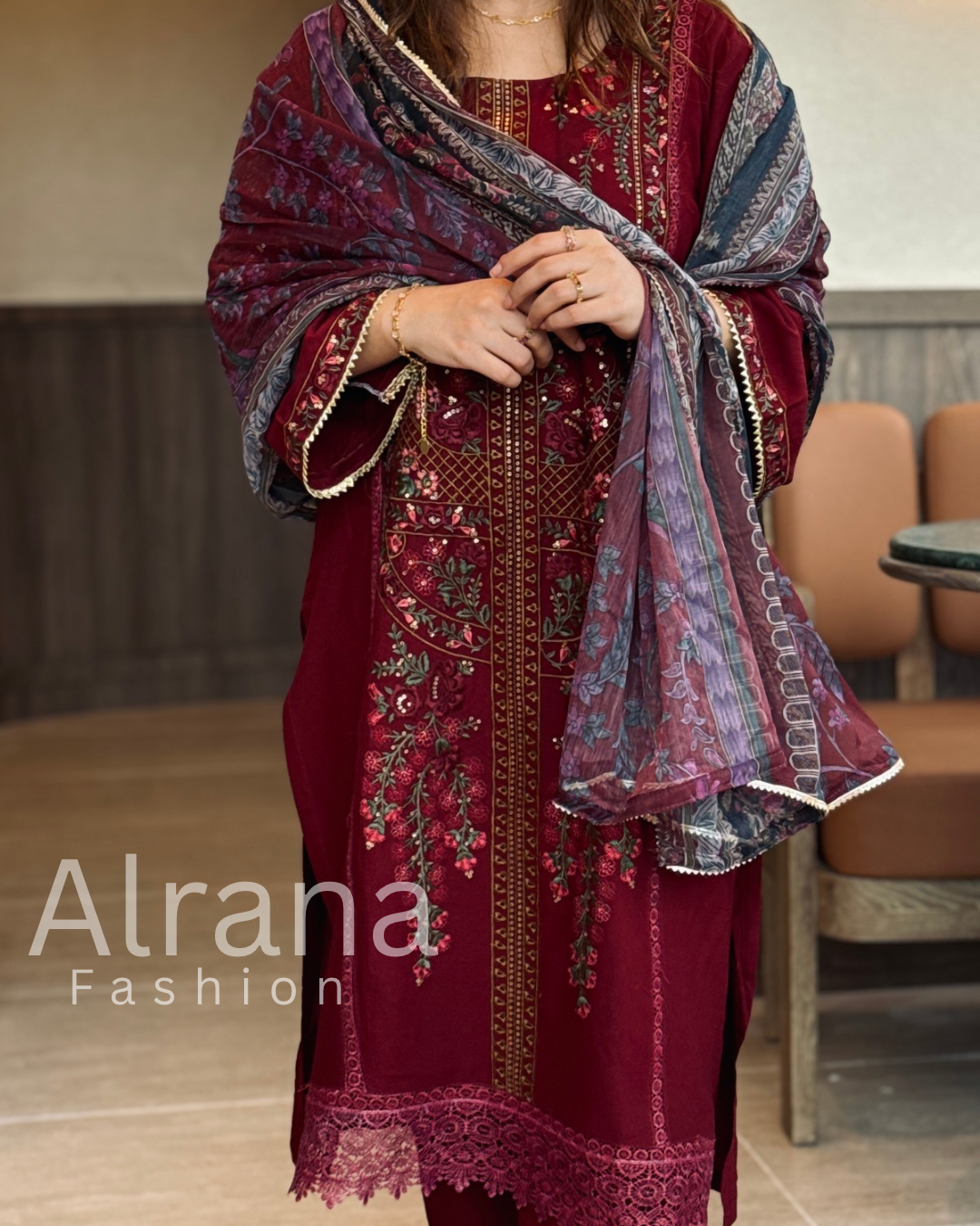 MARIA B MAROON RAYON EMBROIDERY SUIT Q