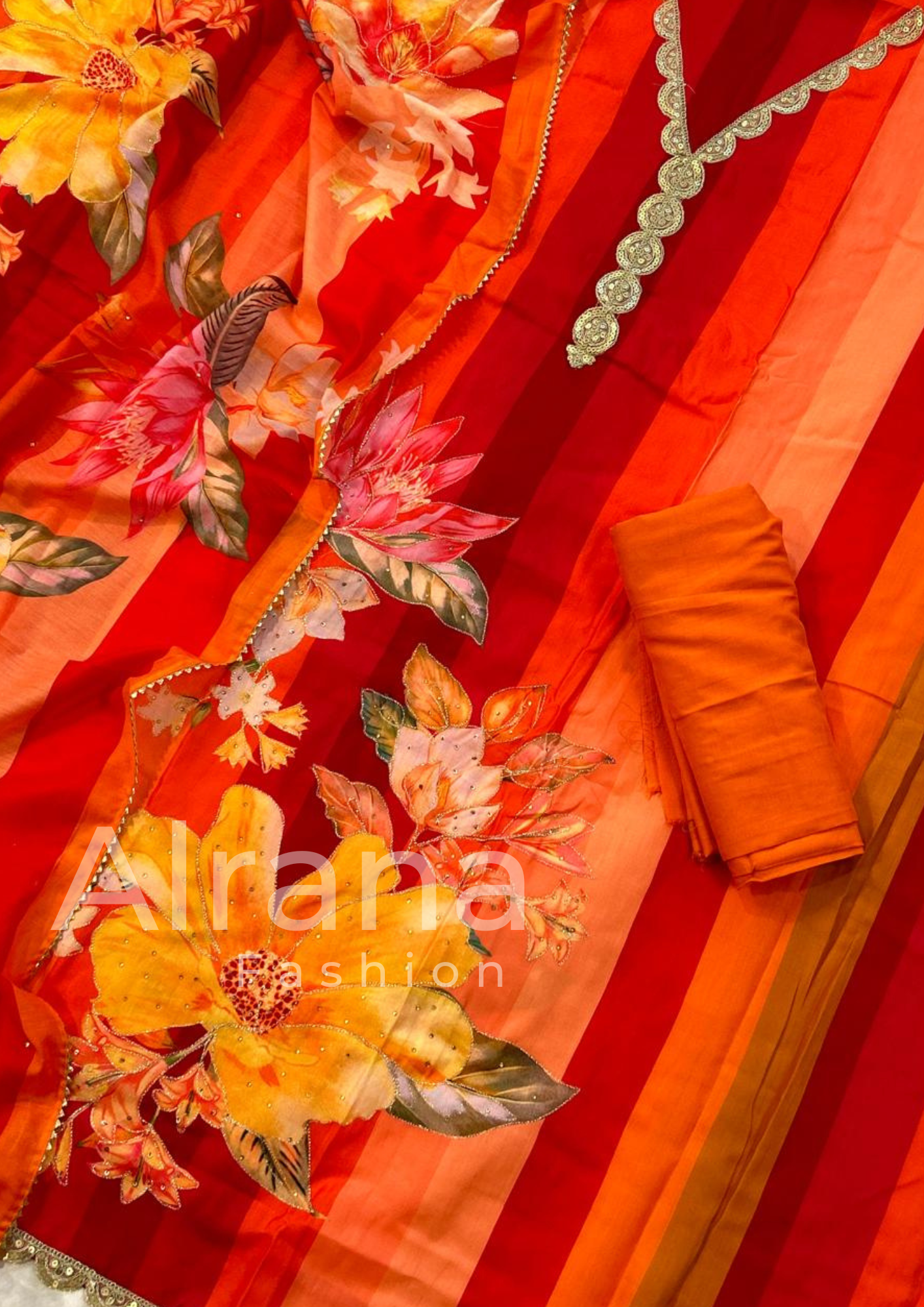 SARA ORANGE JAM SATIN EMBROIFERY SUIT