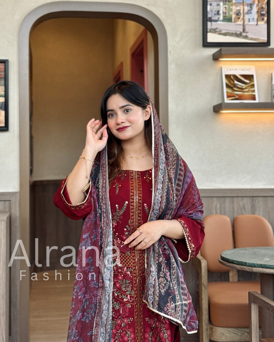 MARIA B MAROON RAYON EMBROIDERY SUIT Q