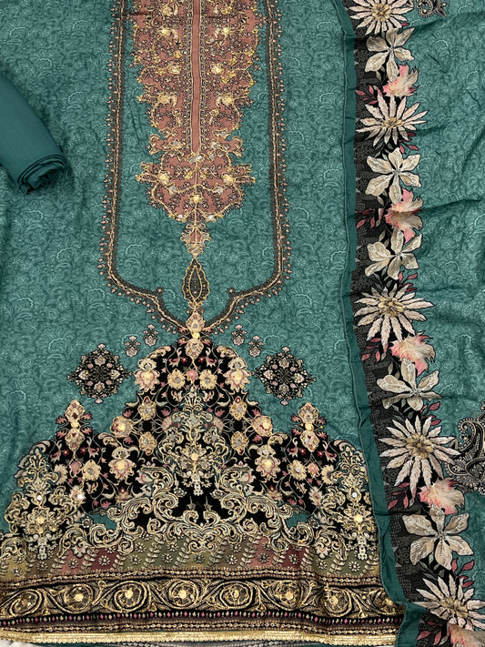 BLUE PURE MUSLIN MIRROR EMBROIDERY SUIT 205