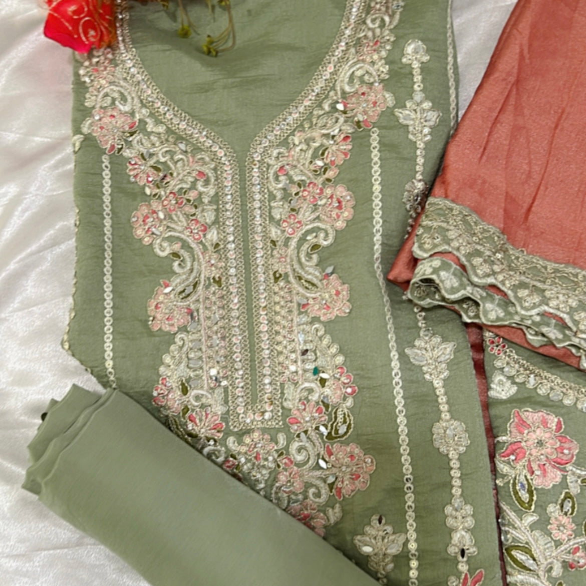 RAMSHA GREEN SILK EMBROIDRED SUIT