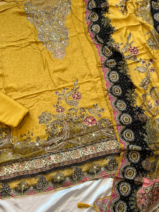 MUSTERED MUSLIN HAND WORK EMBROIDERY SUIT 150