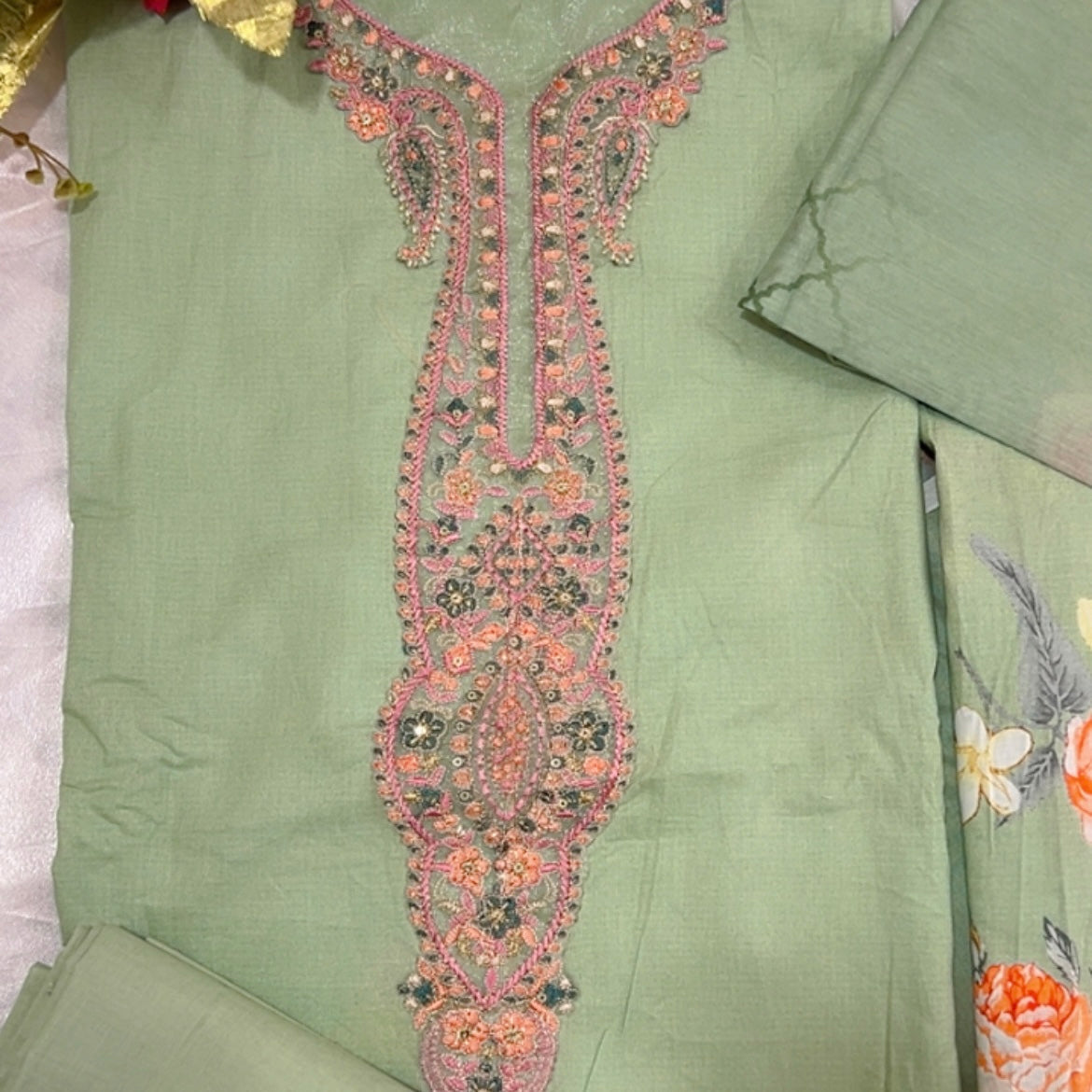 GREEN AAYKA COTTON EMBROIDERY SUIT