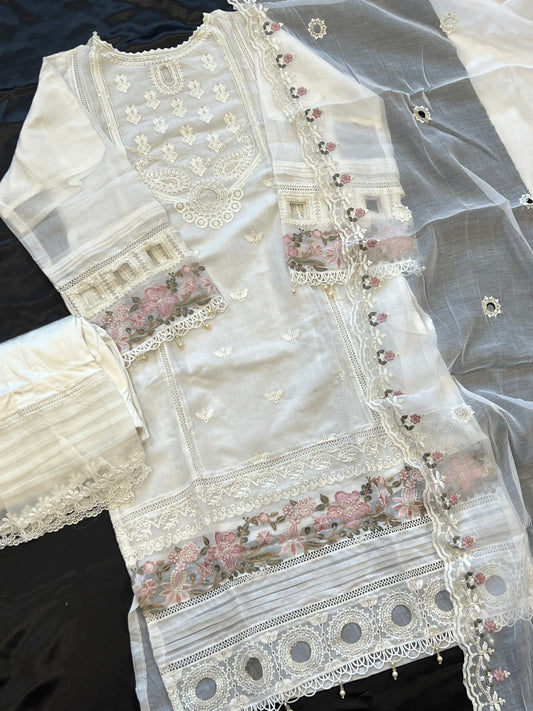 TAWAKKAL WHITE EMBROIDERED READYMADE SUIT