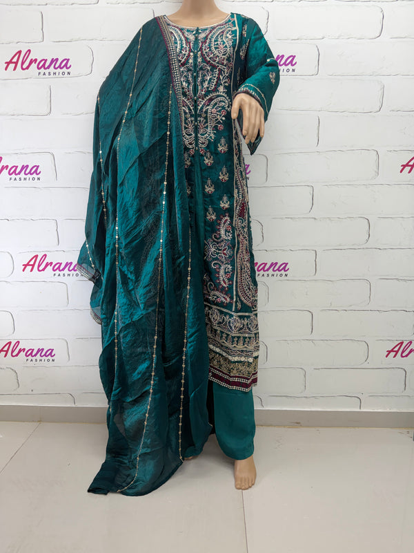 PEACOCK SILK READYMADE EMBROIDERY SUIT Q