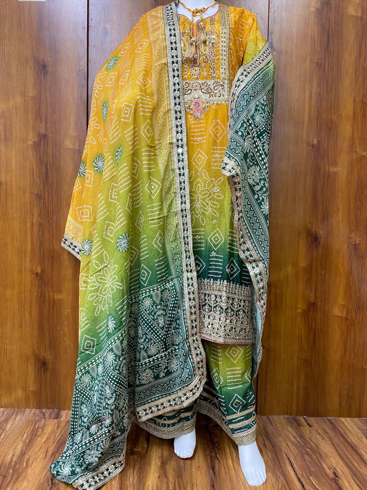 GREEN SHADED CHINNON SILK READYMADE SUIT