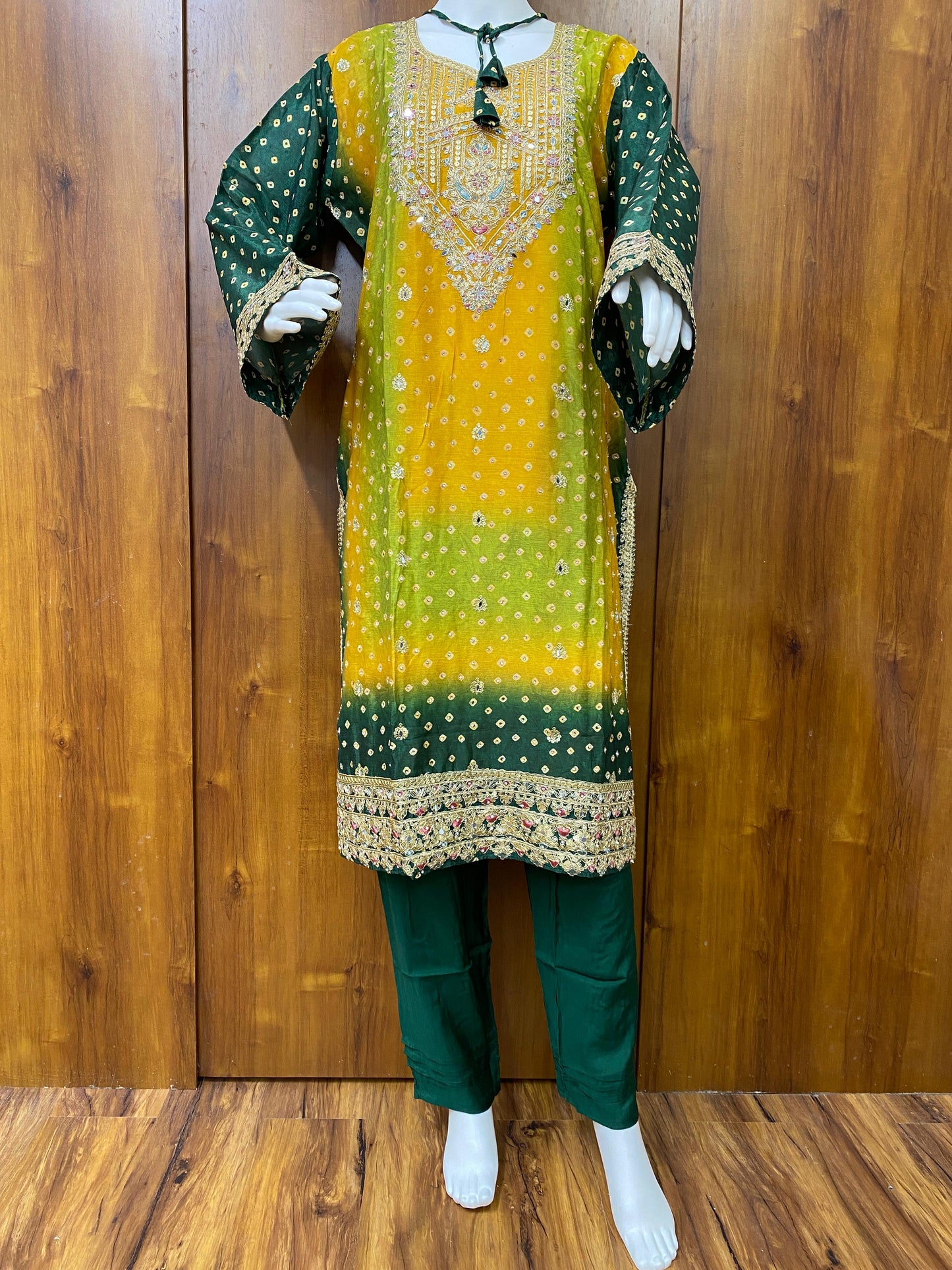 GREEN SHADED CHINNON SILK READYMADE SUIT 976