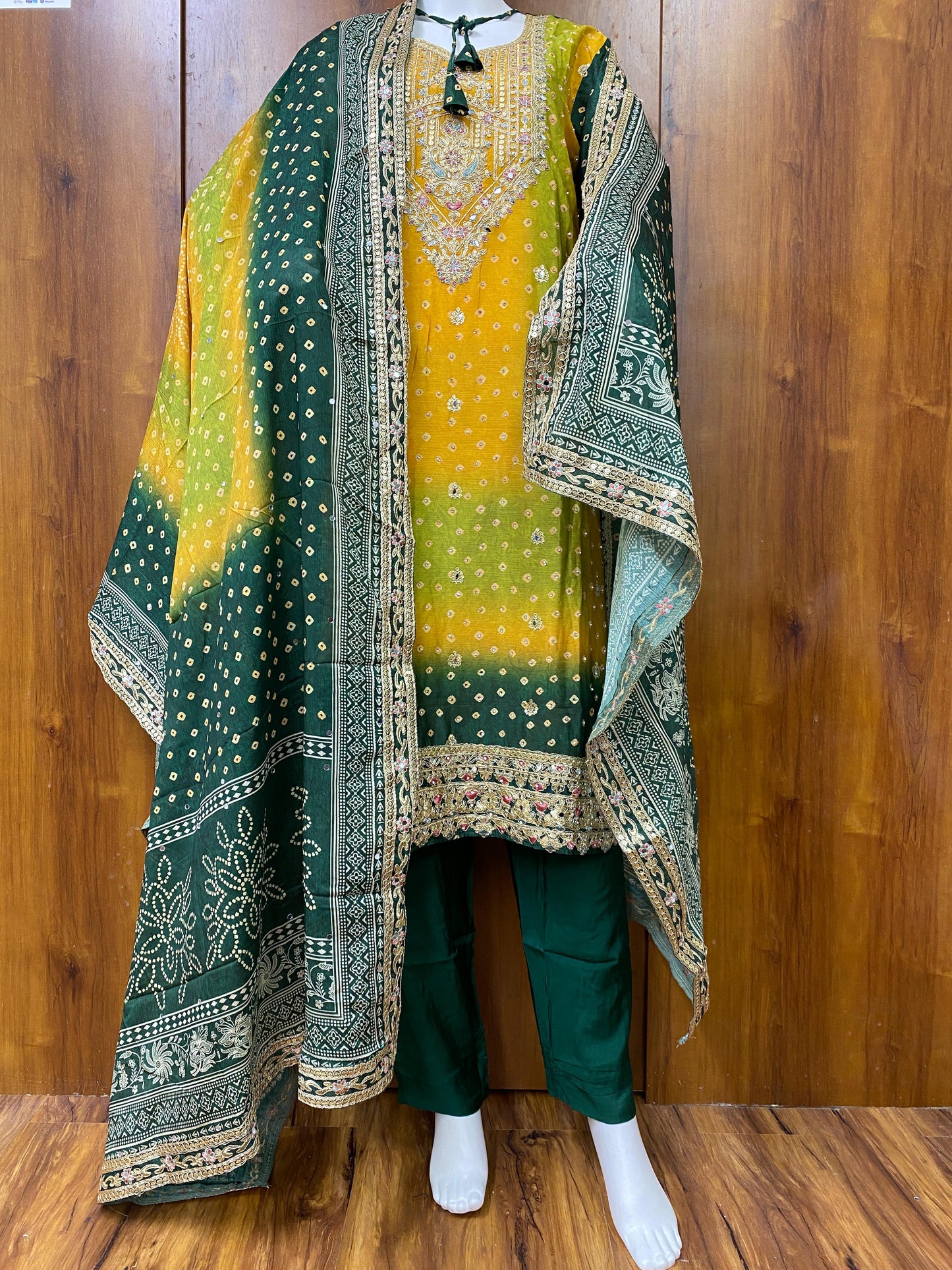 GREEN SHADED CHINNON SILK READYMADE SUIT 976