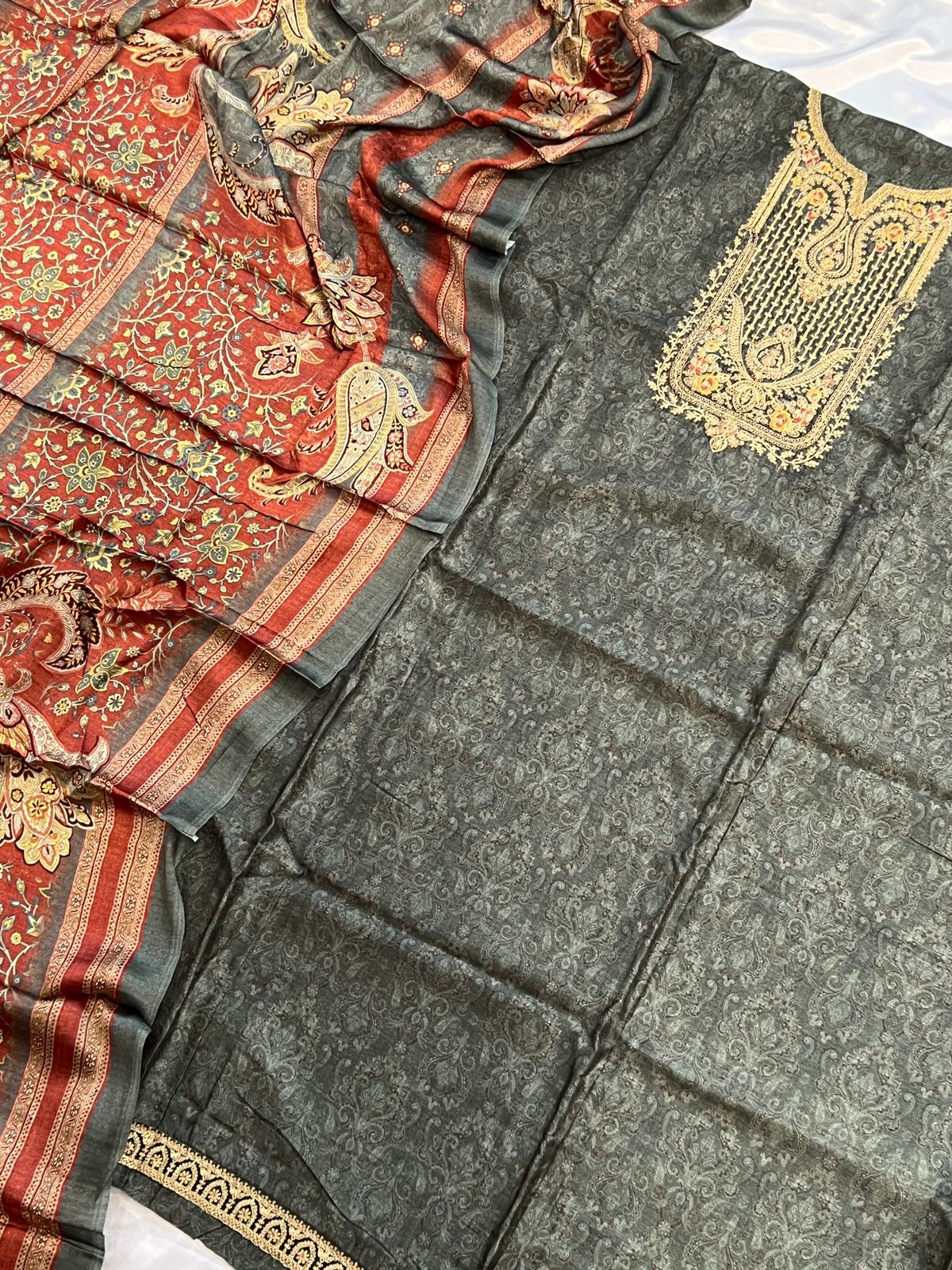 GREY SHENAAZ PURE SILK EMBROIDERY SUIT