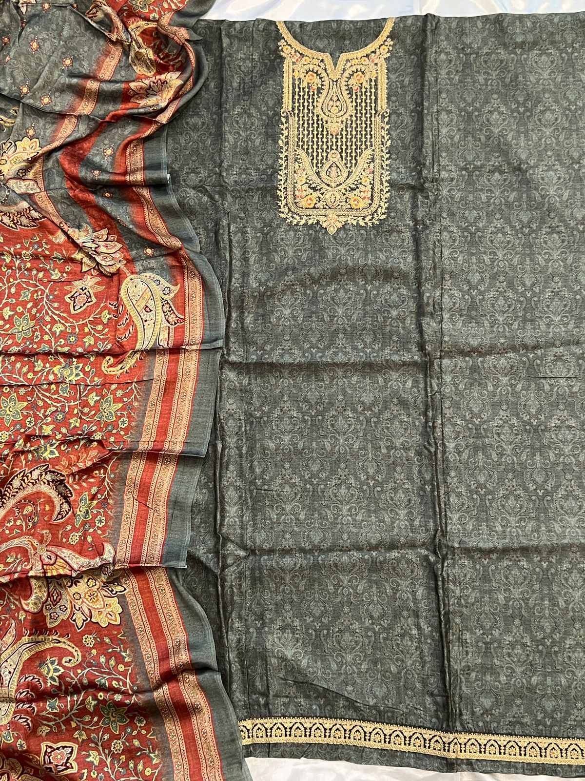 GREY SHENAAZ PURE SILK EMBROIDERY SUIT