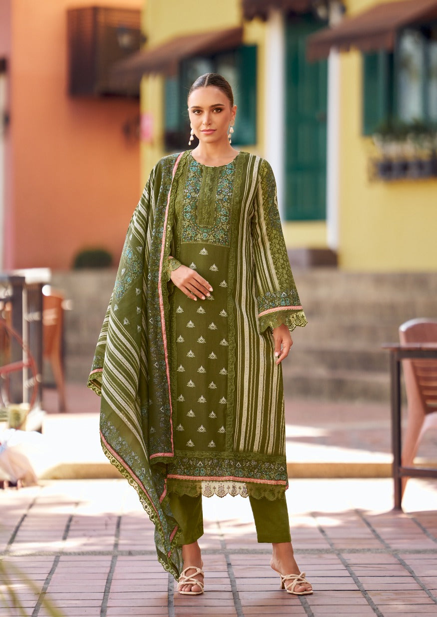 LEAF GREEN BAGH COTTON SATIN EMBROIDERY SUIT