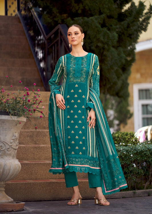 PEACOCK BLUE BAGH COTTON SATIN EMBROIDERY SUIT