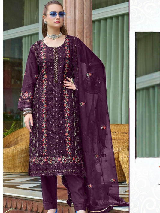 WINE ORGANZA EMBROIDERY SUIT 1967