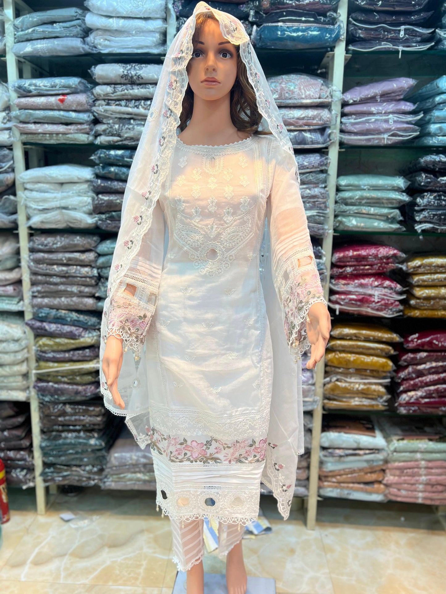 TAWAKKAL WHITE EMBROIDERED READYMADE SUIT