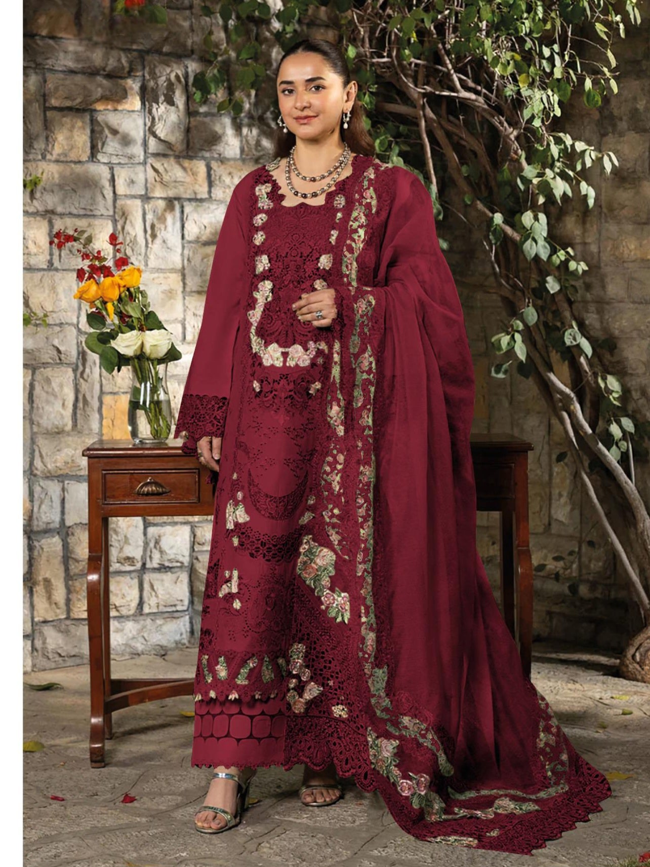 YUMNA MAROON COTTON  EMBROIDERY SUIT Q