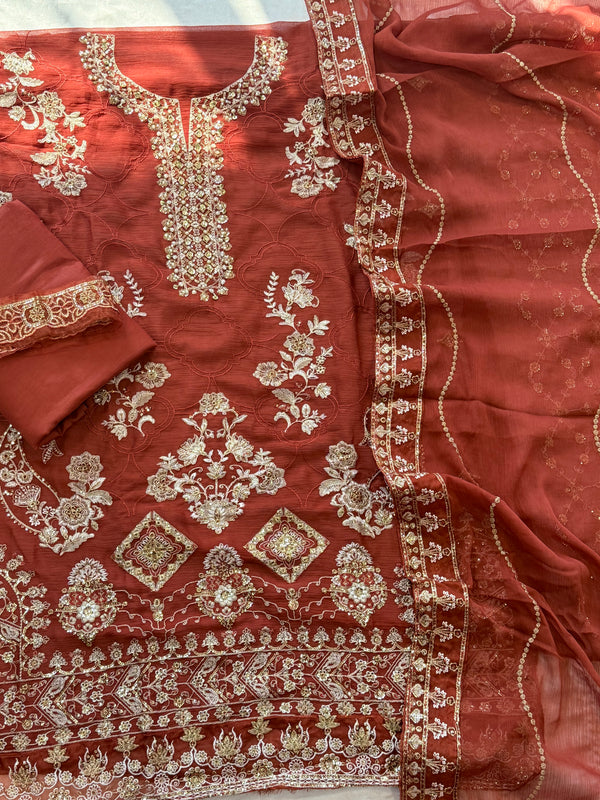 RUST CHIFFON EMBROIDERY SUIT R