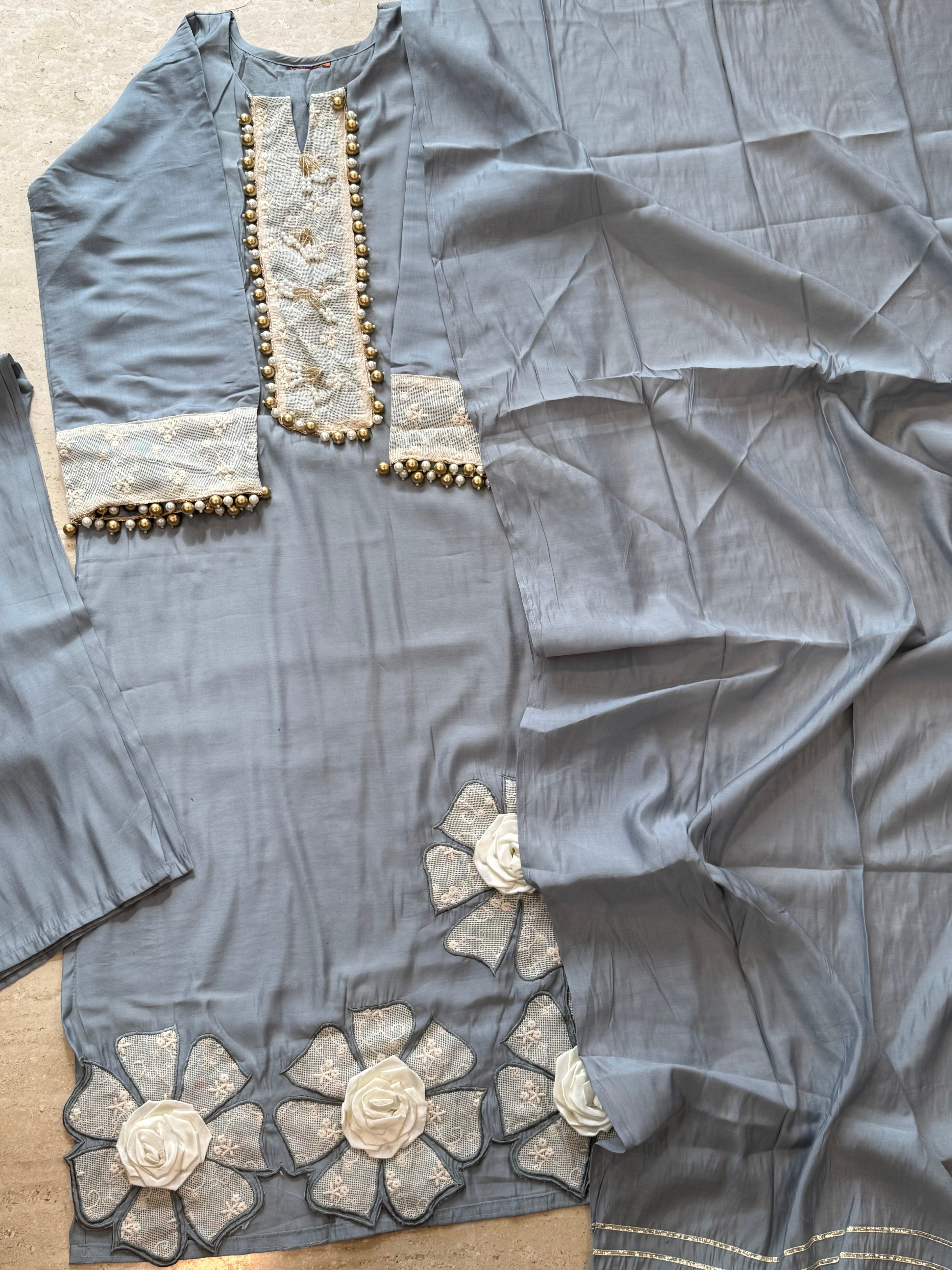 GREY MUSLIN LONG KAFTAN SUIT