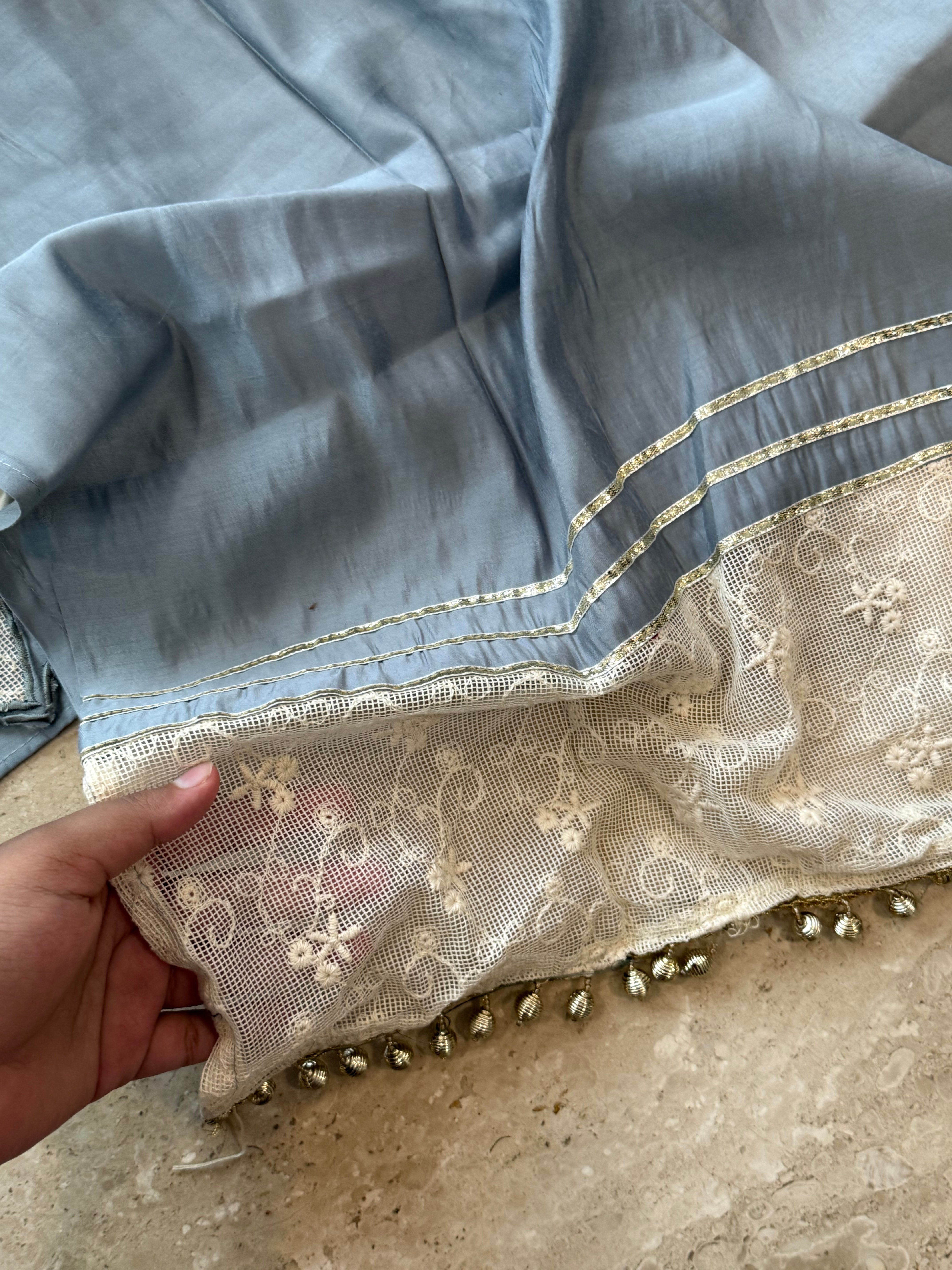 GREY MUSLIN LONG KAFTAN SUIT