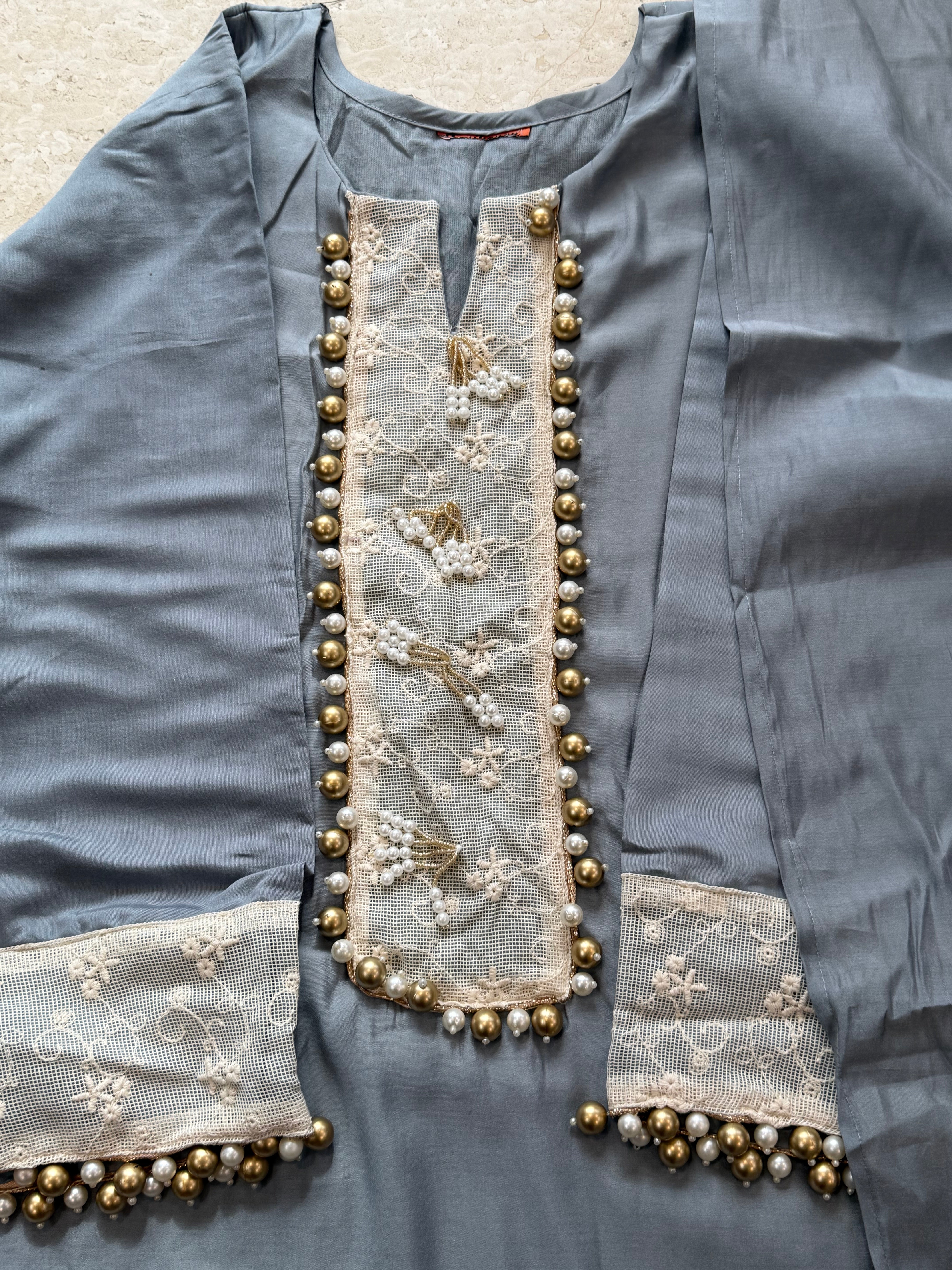GREY MUSLIN LONG KAFTAN SUIT