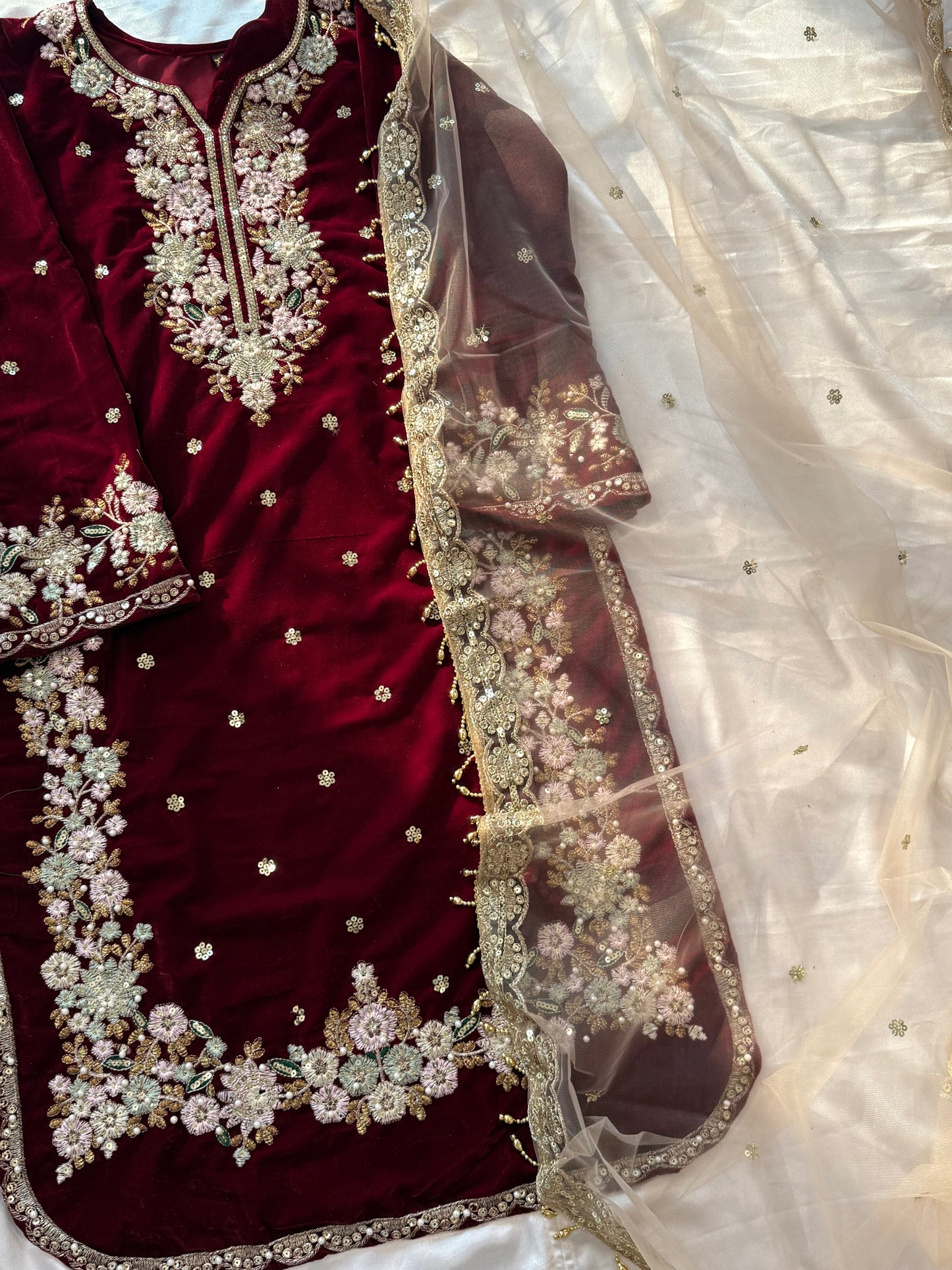 JIMMY CHOO MAROON VELVET READYMADE SUIT Q