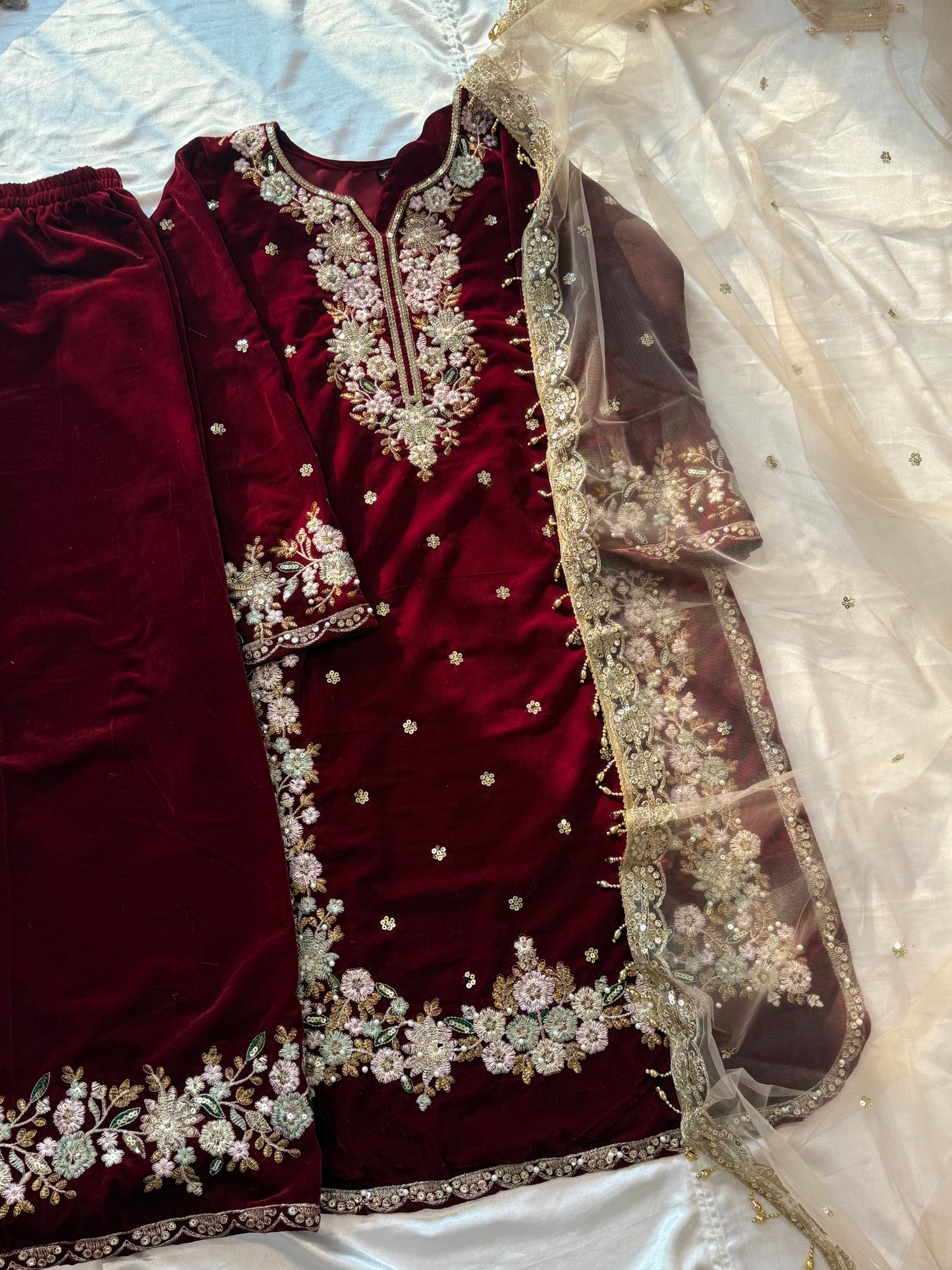 JIMMY CHOO MAROON VELVET READYMADE SUIT Q