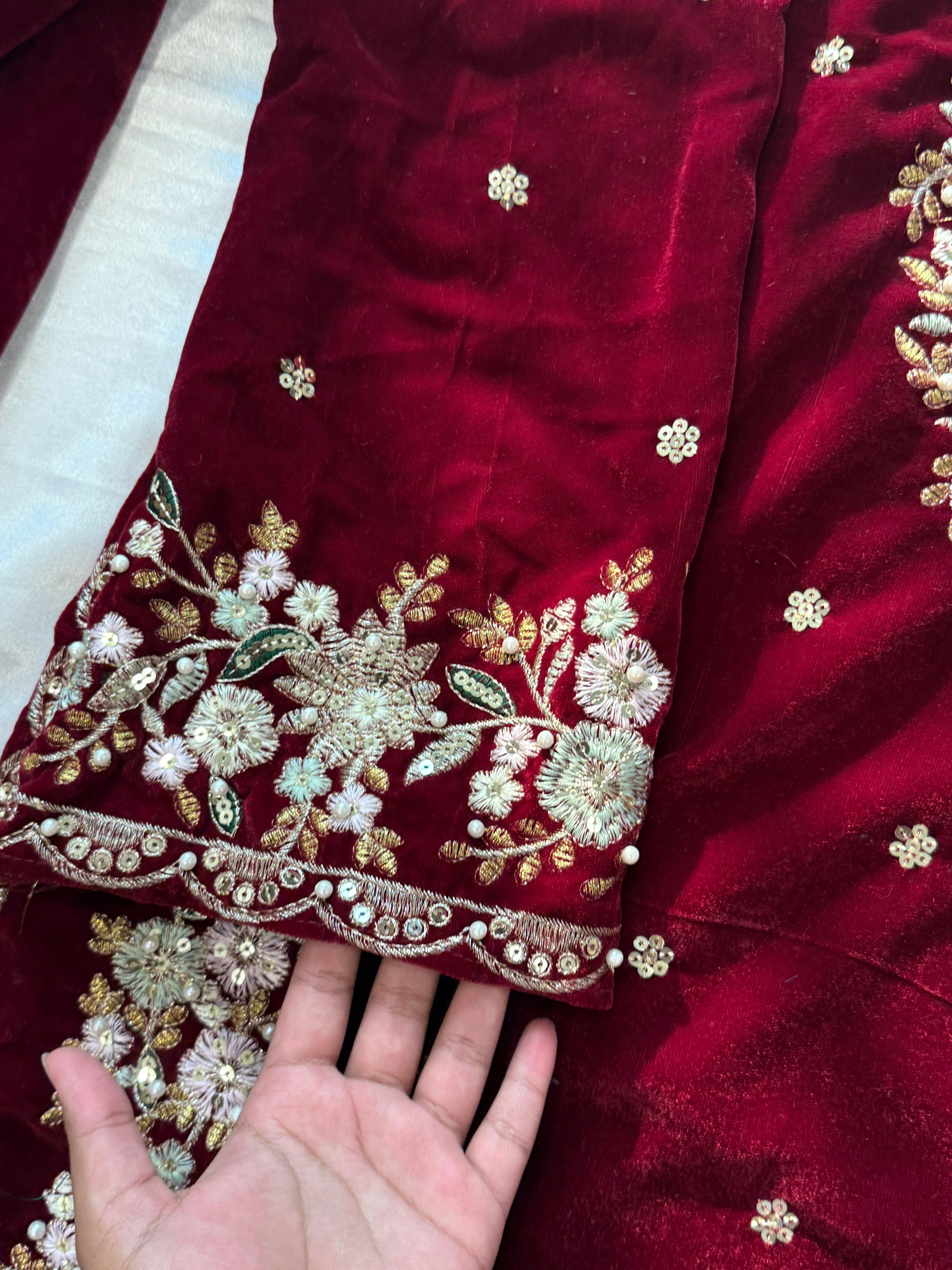 JIMMY CHOO MAROON VELVET READYMADE SUIT Q