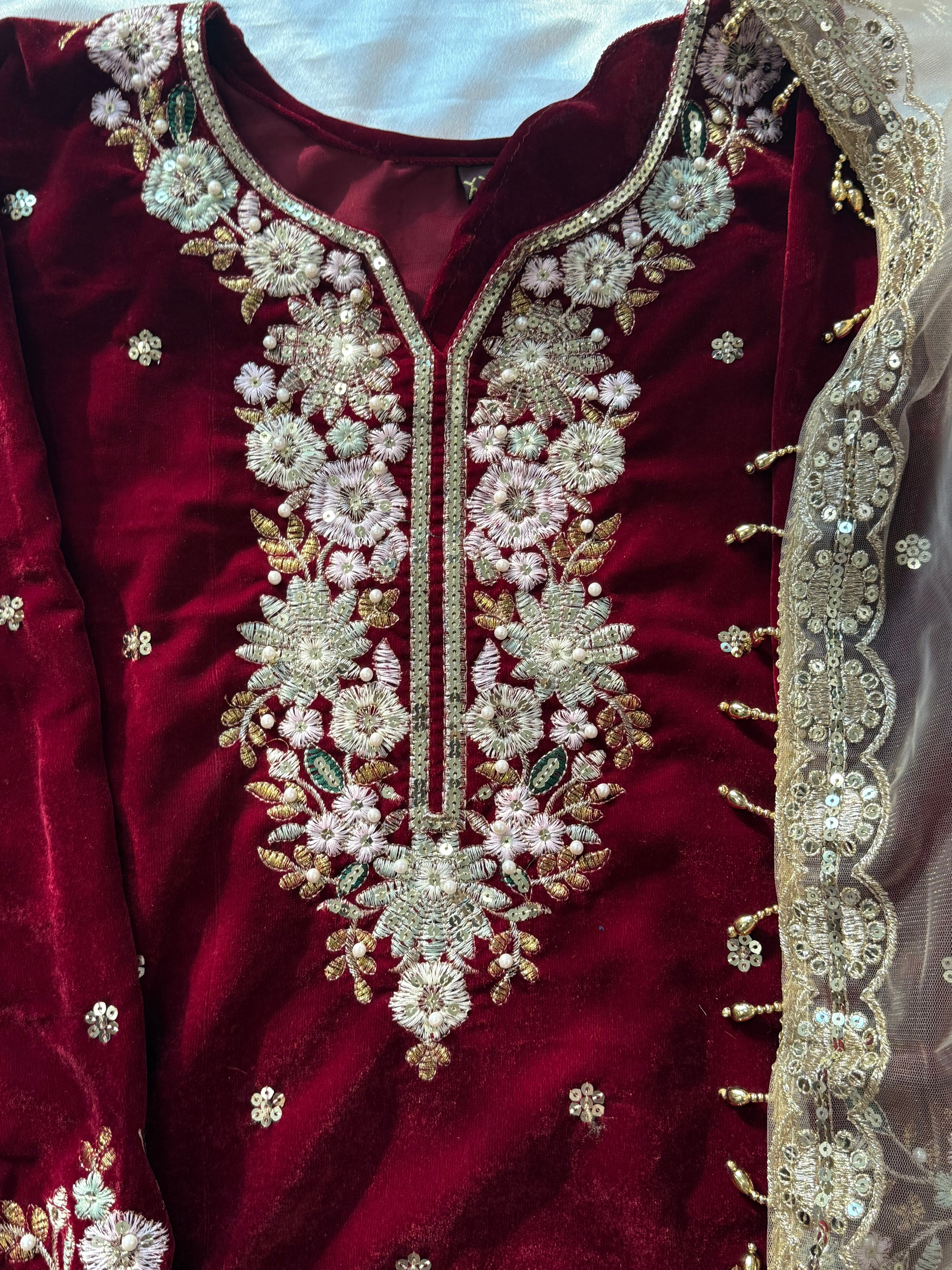 JIMMY CHOO MAROON VELVET READYMADE SUIT Q