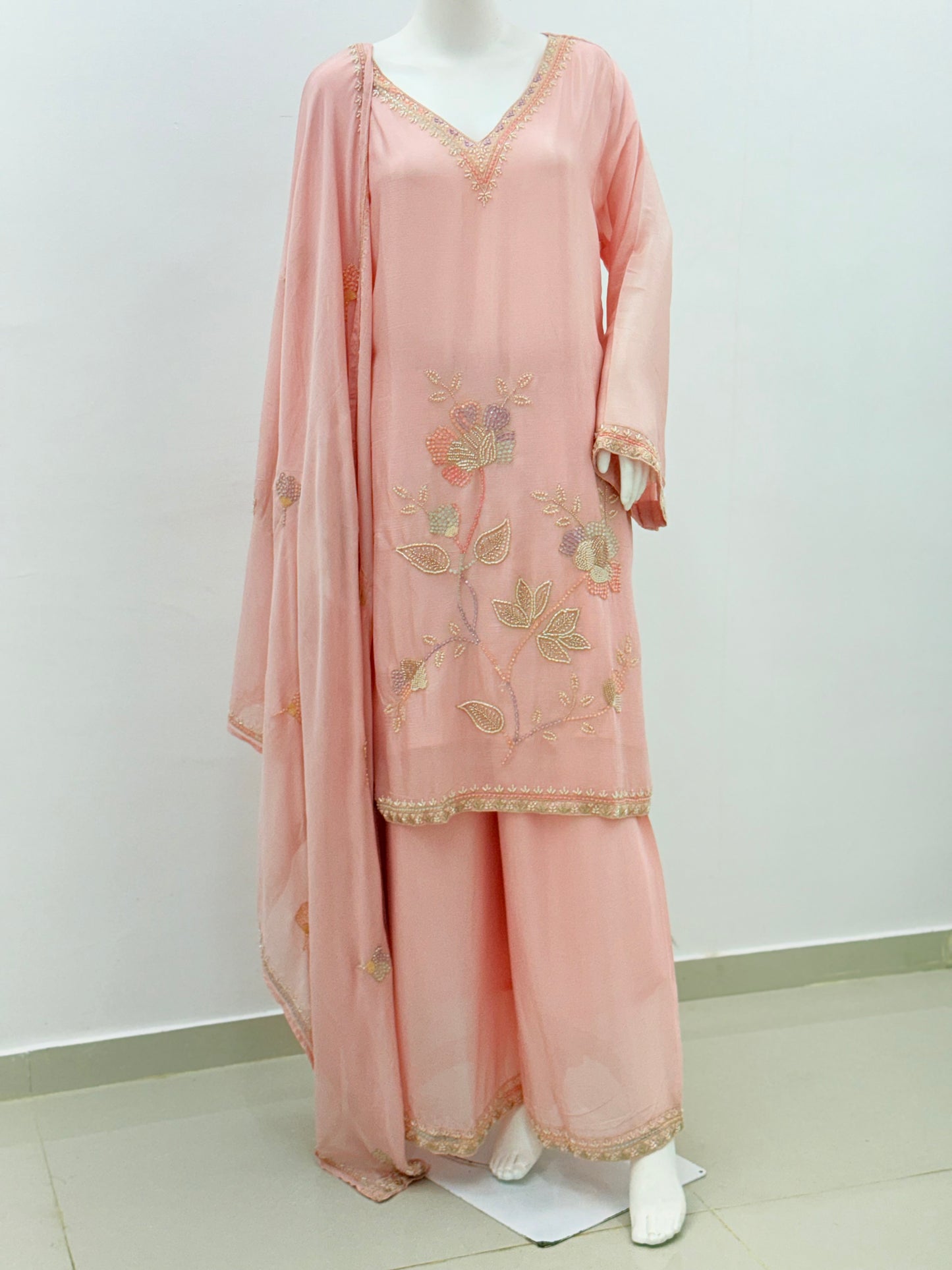 PEACH PURE GEORGETTE READYMADE SUIT Q