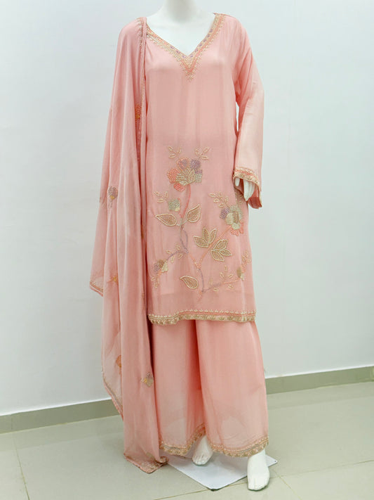 PEACH PURE GEORGETTE READYMADE SUIT Q