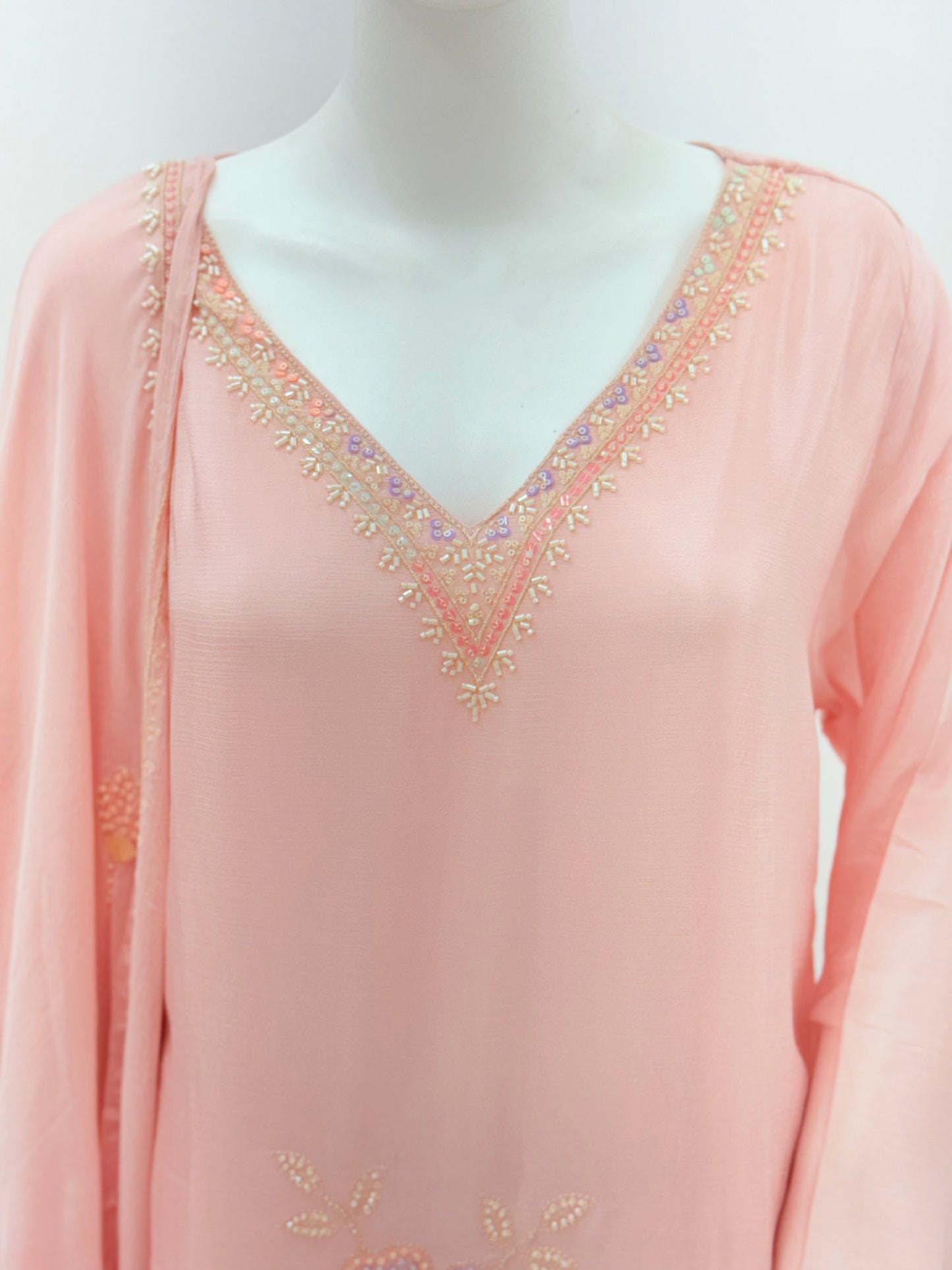 PEACH PURE GEORGETTE READYMADE SUIT Q