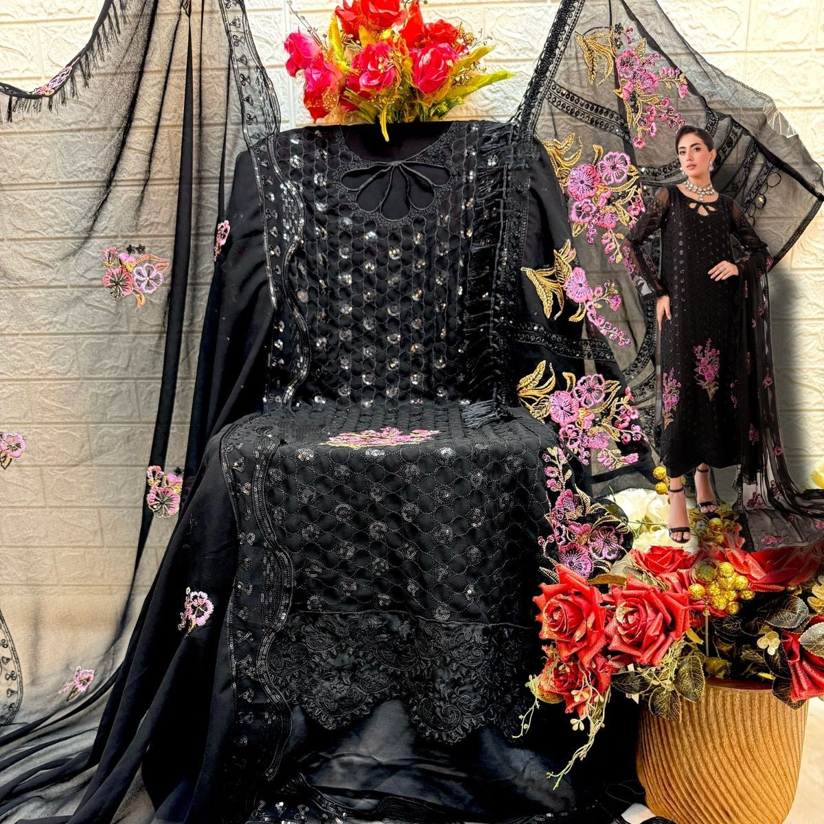 BLACK GEORGETTE EMBROIDERY SUIT 1705